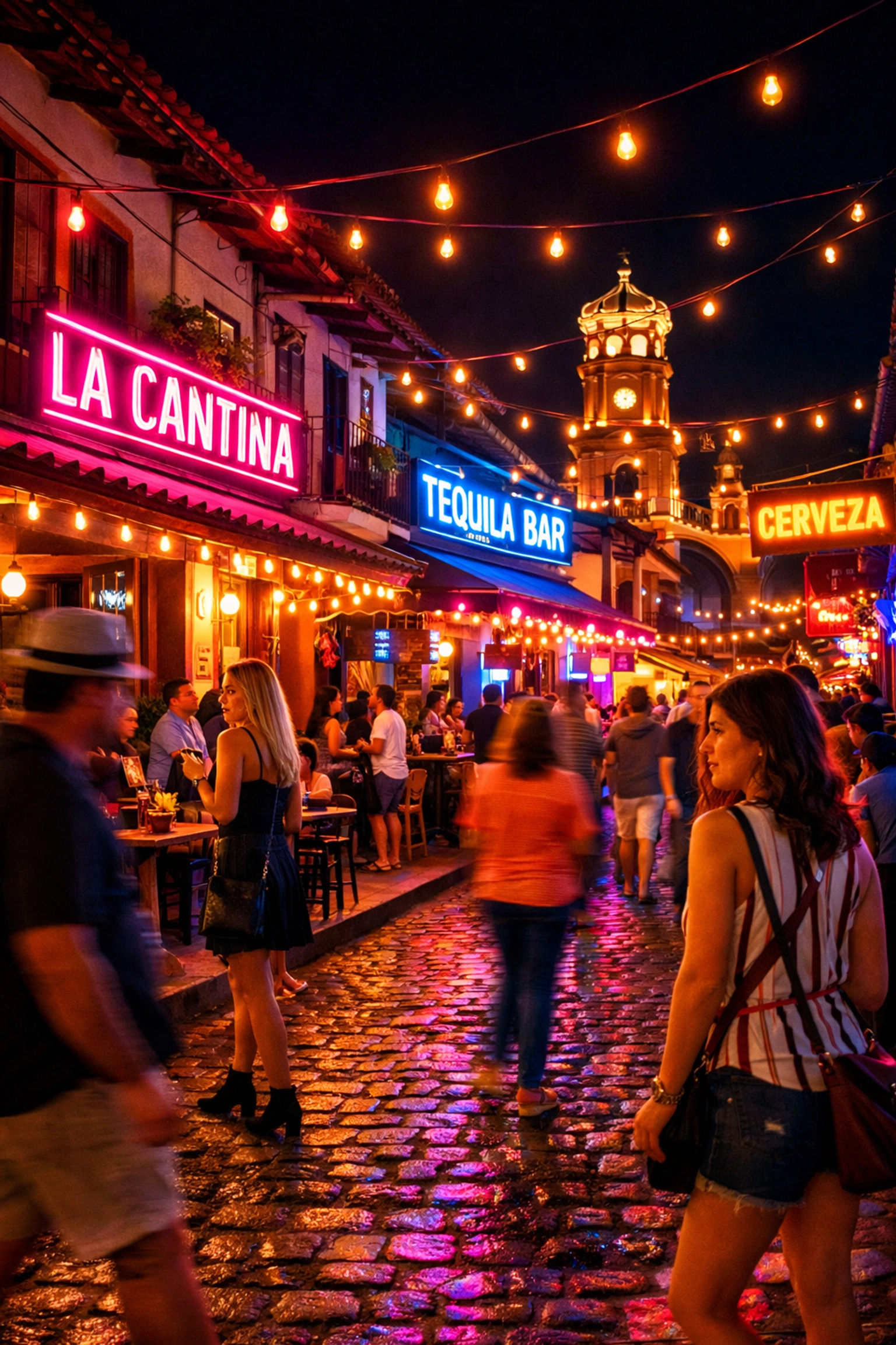 Solo travelers enjoying Old Town Puerto Vallarta nightlife on cobblestone streets with neon bar signs
