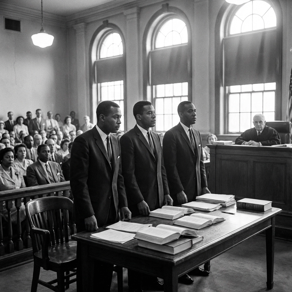 African American lawyers argue a civil rights case in a 1950s courtroom, representing legal activism and Dr. King's strategy.