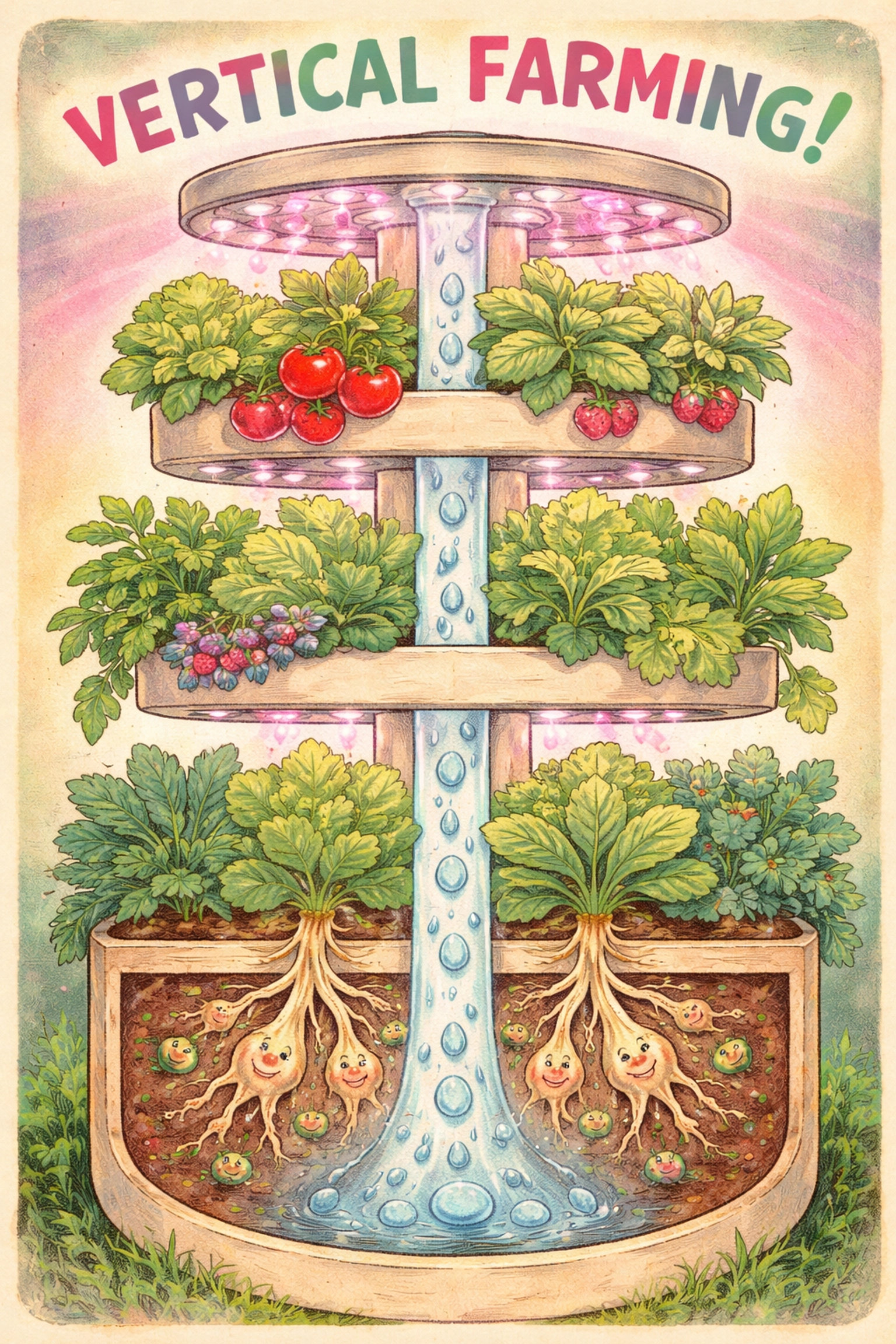 Diagram of a vertical tower garden system with water circulating through plant roots and LED grow lights, explaining stacked farming science.