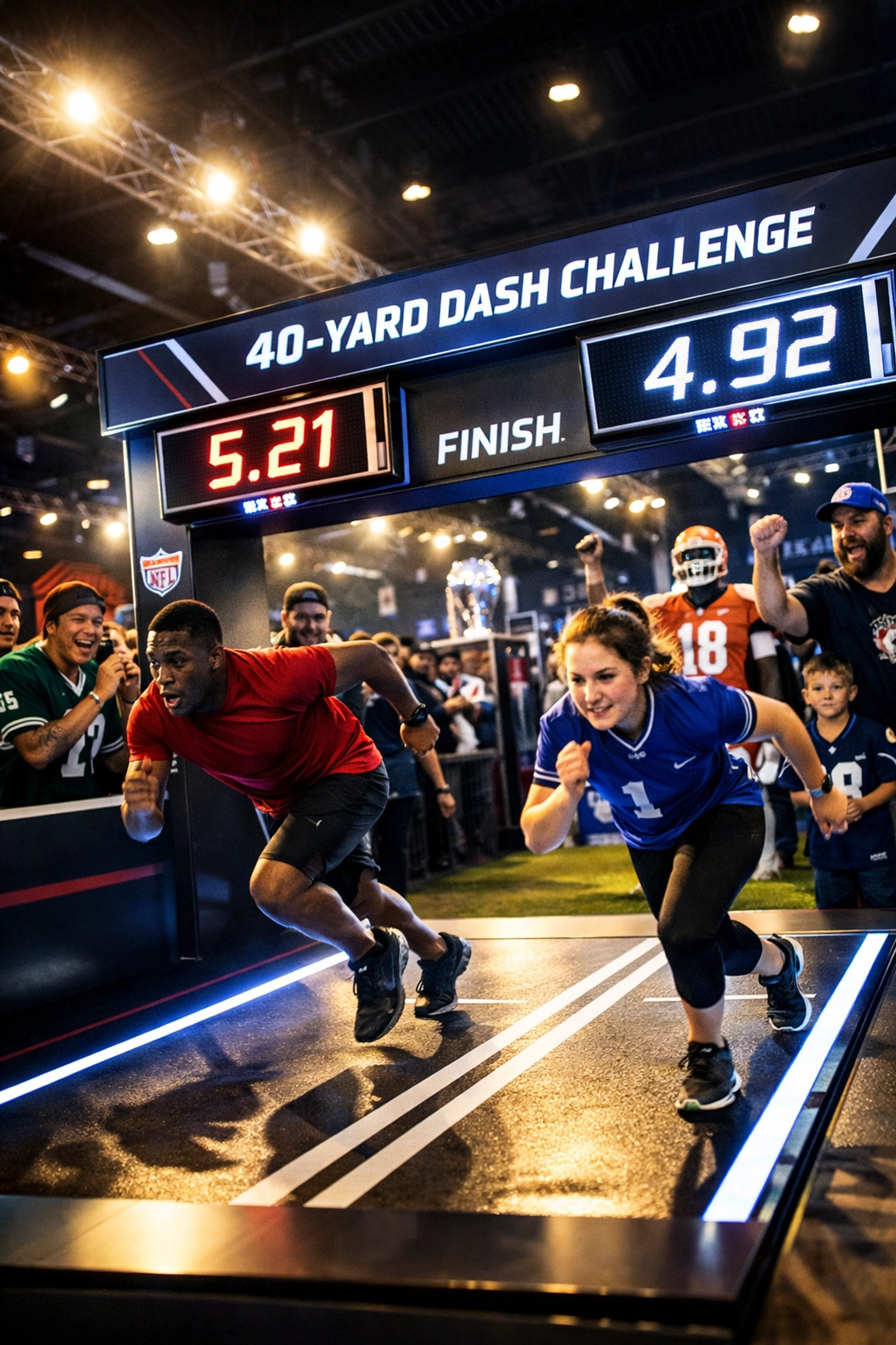 Super Bowl fans enjoying interactive 40-yard dash challenge at official fan zone experience