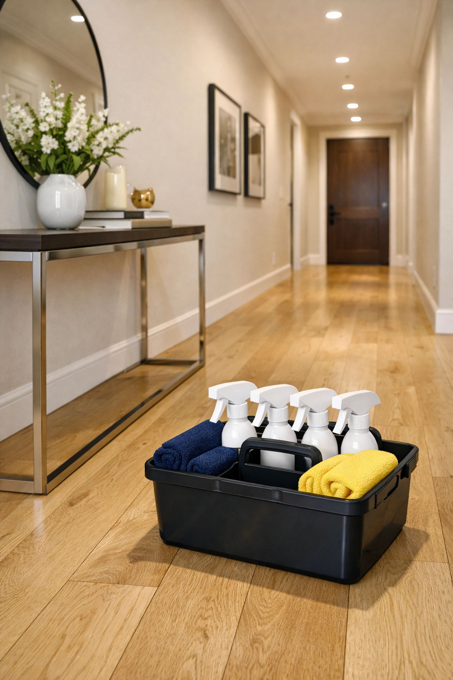 Organized cleaning supplies ready for weekly cleaning services in a modern Boston apartment entryway.