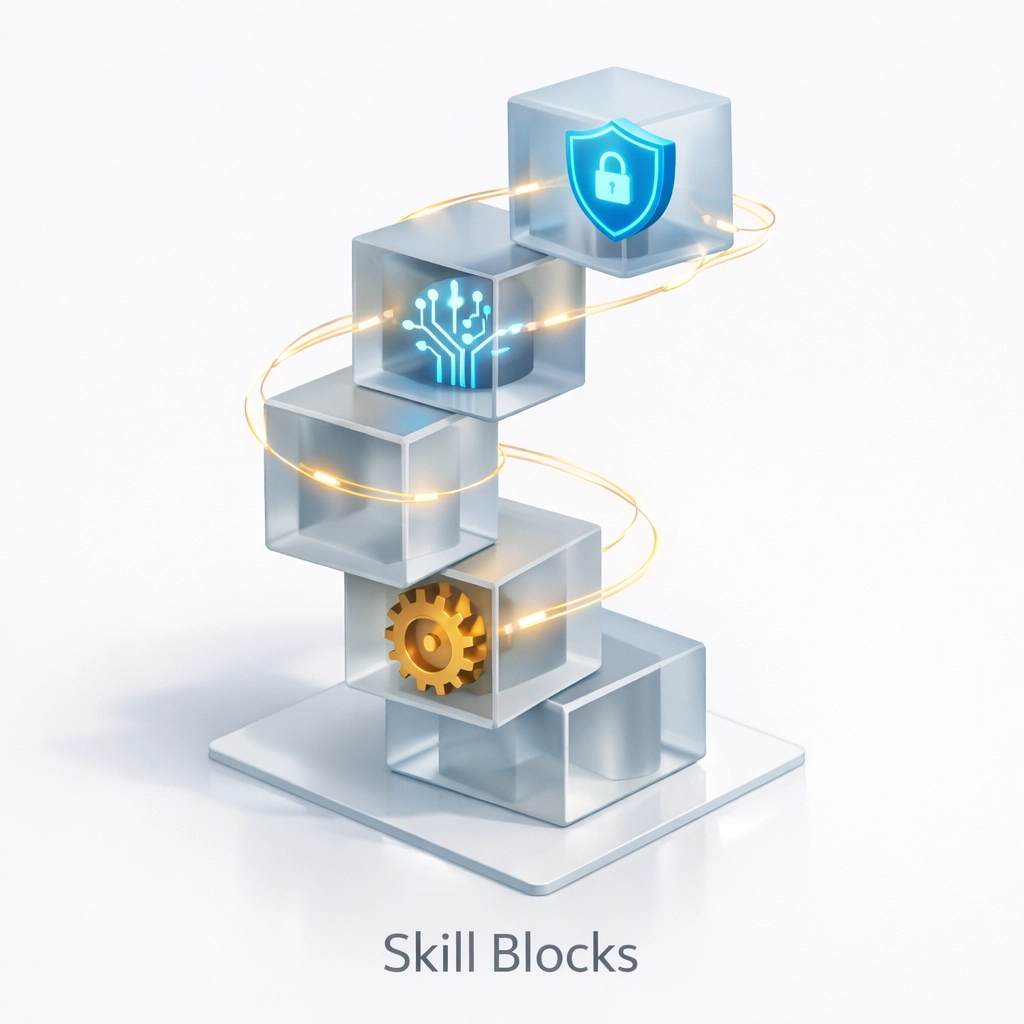 Stacked glass cubes with tech icons representing skill-based hiring and industry certification stacking.