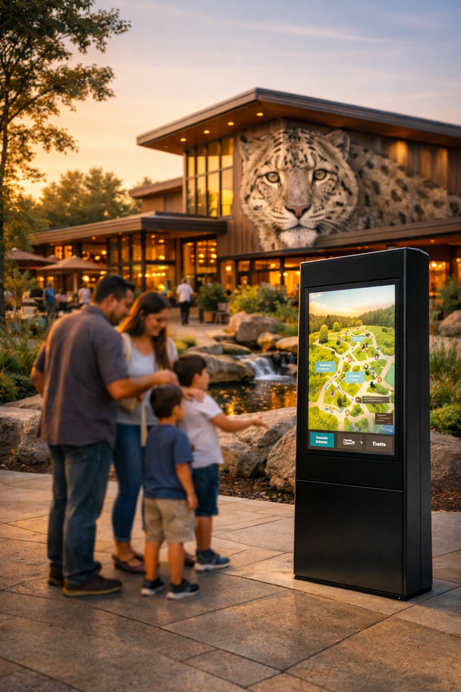 Modern zoo plaza with a digital wayfinding kiosk and mural showing integrated visual identity for visitors.