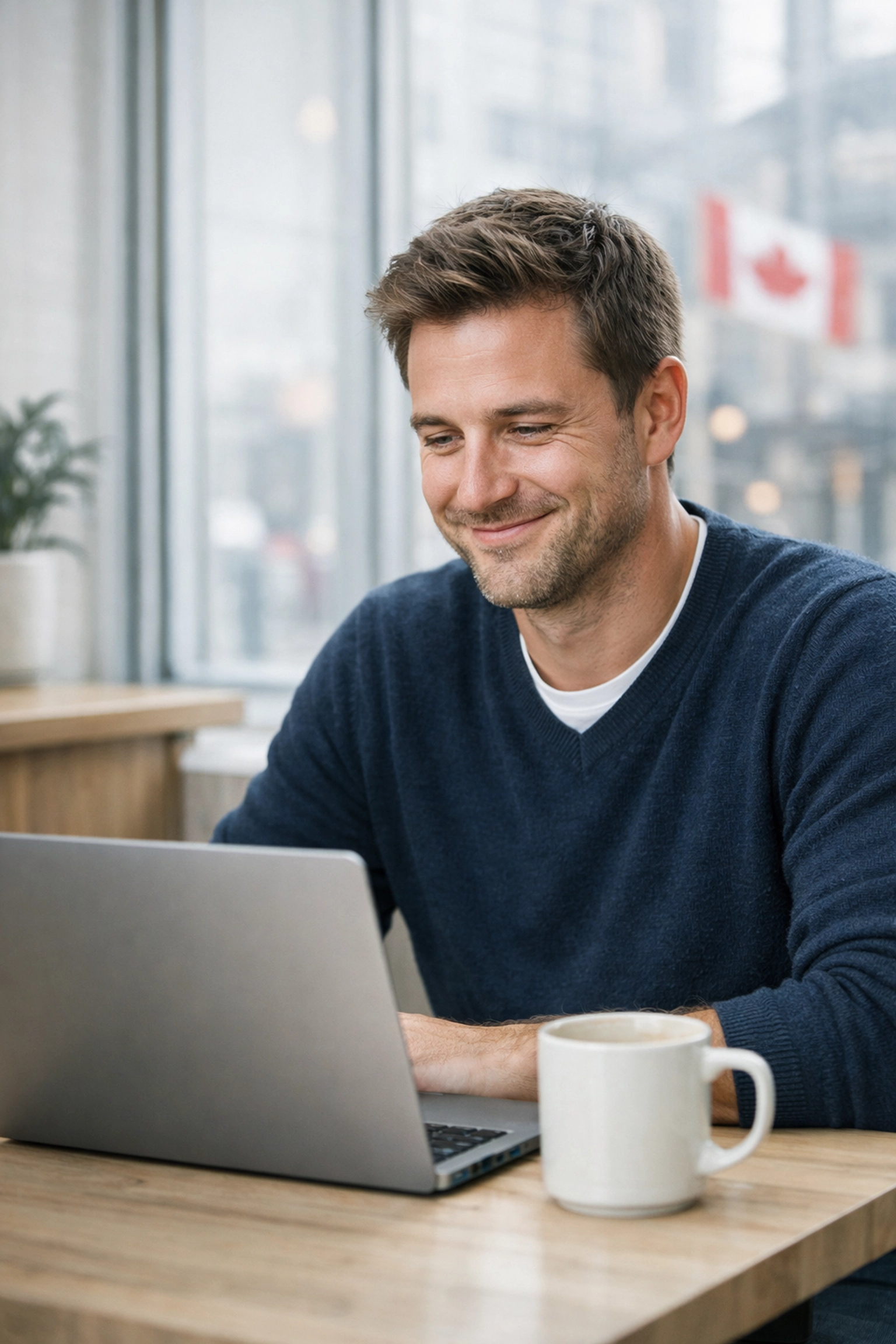 Canadian business owner viewing a fast business loan approval on a laptop in a modern cafe.