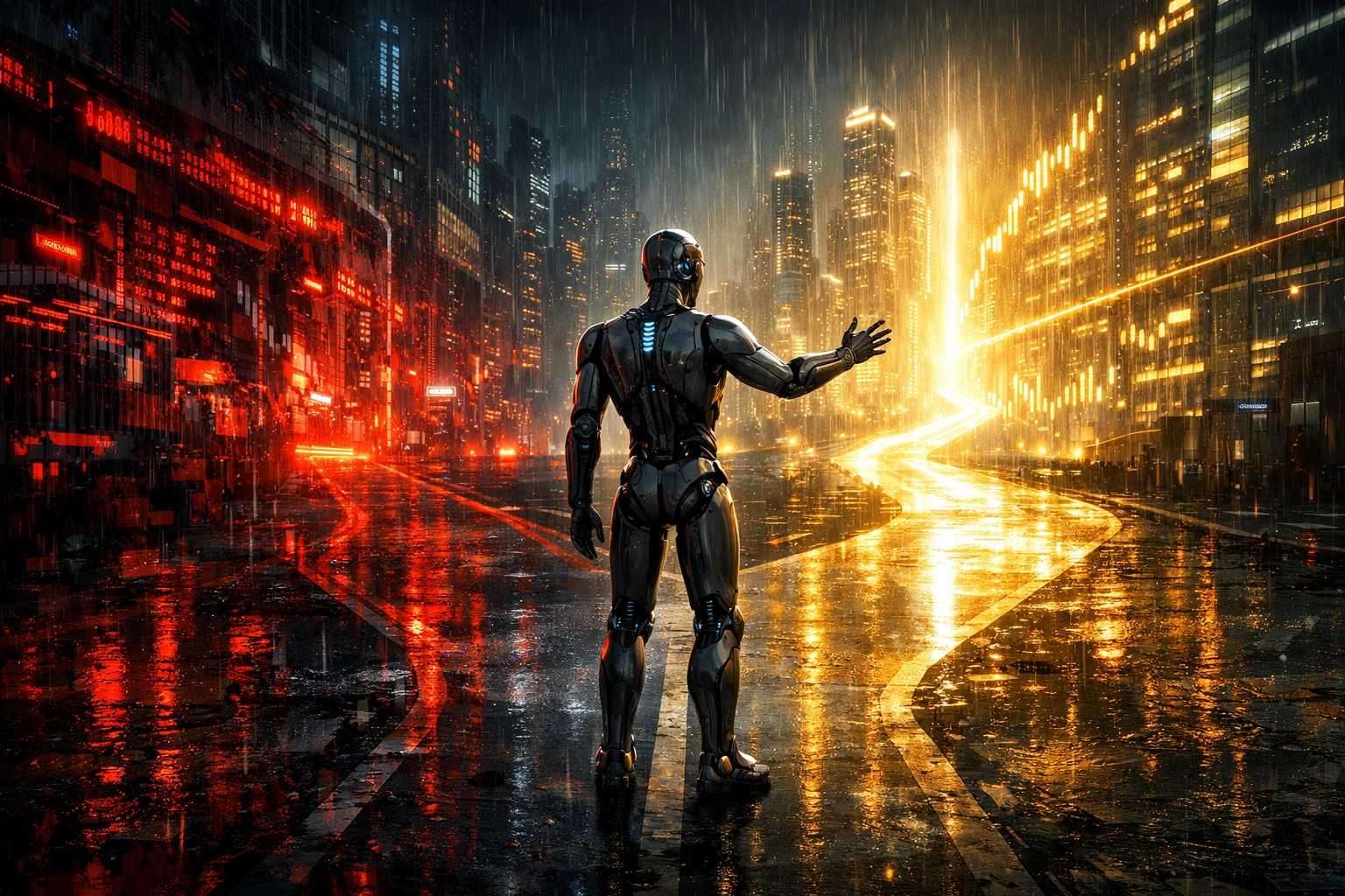 AI entity at a crossroads representing the choice between algorithmic bias and ethical alignment in finance.