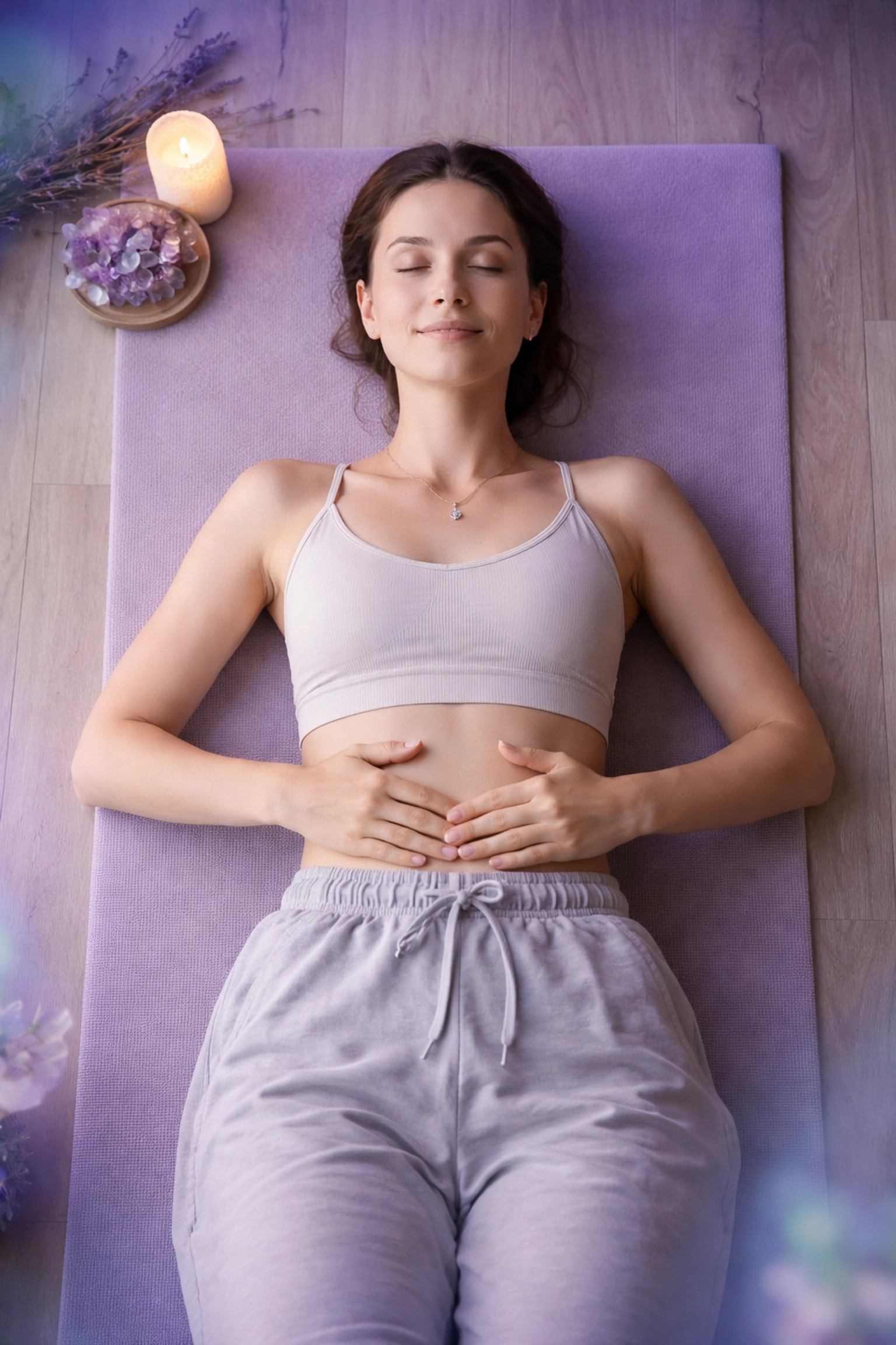 Person lying on a yoga mat demonstrating diaphragmatic breathing for trauma and anxiety relief in a peaceful setting