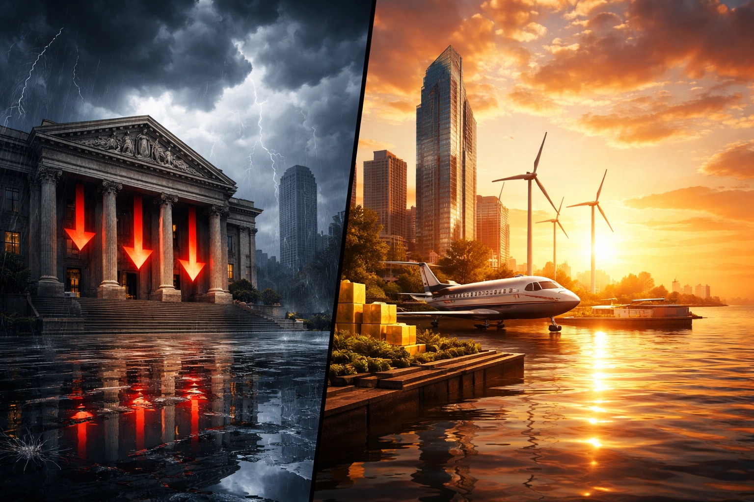 Split scene showing turbulent stock market on one side and stable alternative assets on the other, highlighting market volatility and diversification.