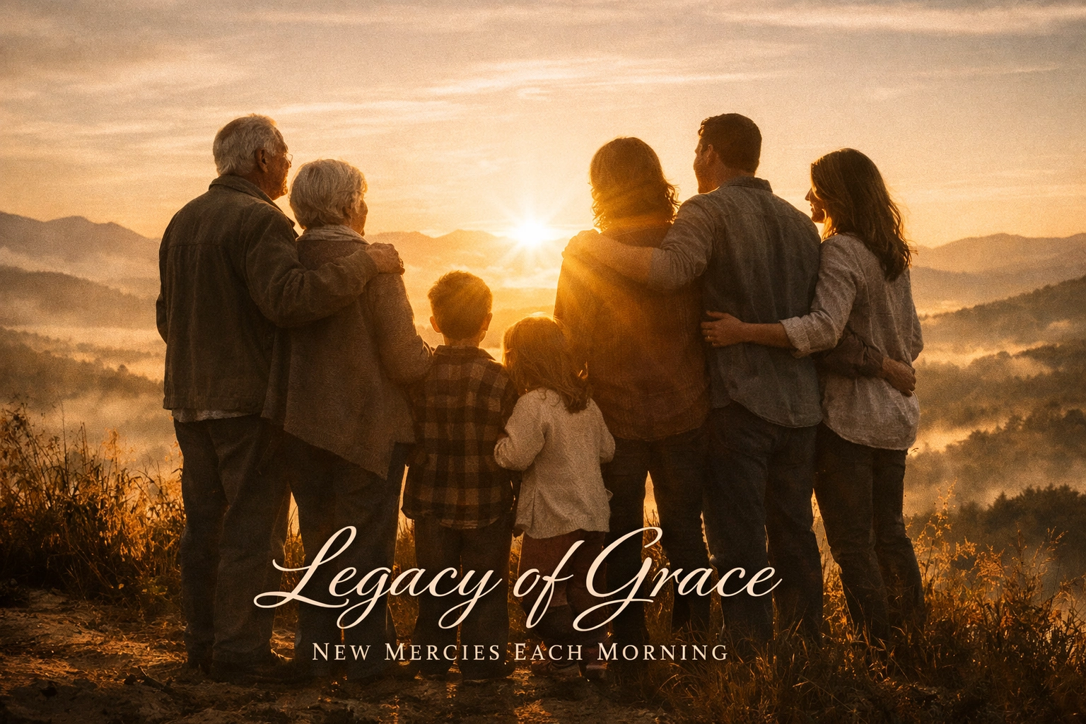 A family looking out at a sunrise, representing a multi-generational legacy of faith and God's providence.
