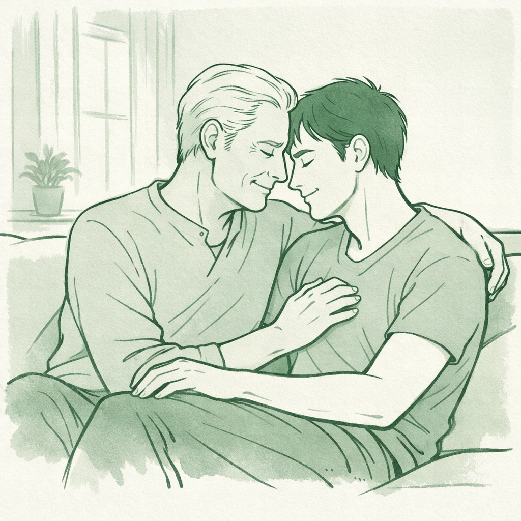 Older and younger man in intimate embrace showing emotional connection in age-gap MM romance