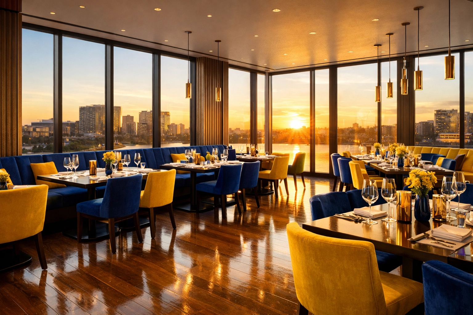 Immaculately clean restaurant dining room with streak-free windows and polished floors.