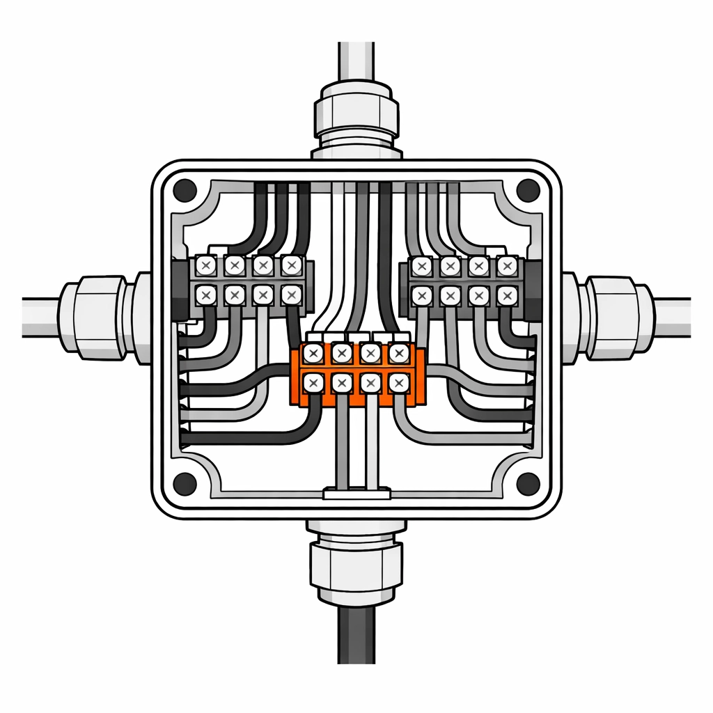 Technische Illustration einer Abzweigdose zur Störungsbehebung durch Elektriker in Wien