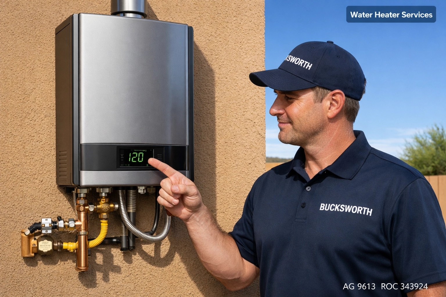 Efficient tankless water heater installation by a Bucksworth technician in Fountain Hills, AZ.