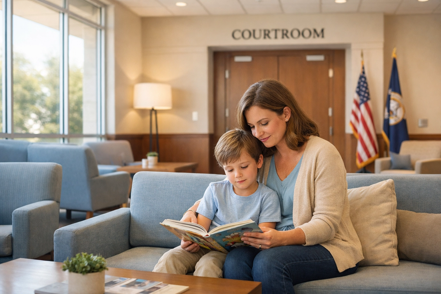 Mother and child waiting at Spotsylvania J&DR Court during child custody hearing