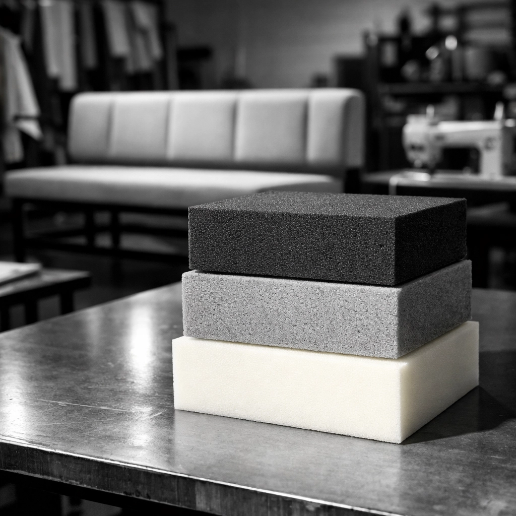 Different densities of custom foam blocks for restaurant booths and banquettes at Stuff It Upholstery.