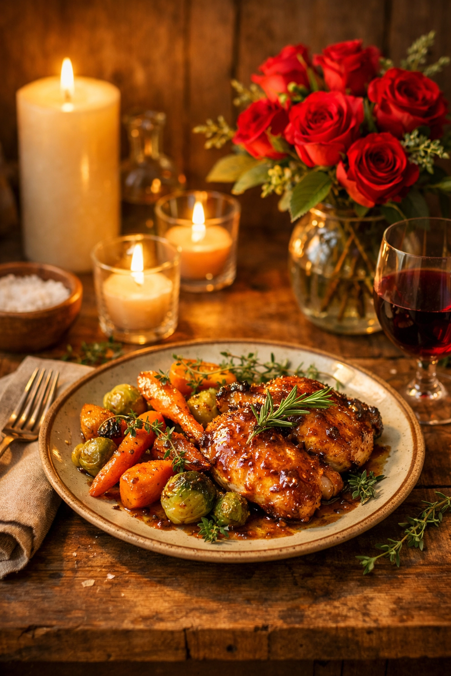 Romantic farm-to-table Valentine's dinner with glazed chicken and seasonal vegetables