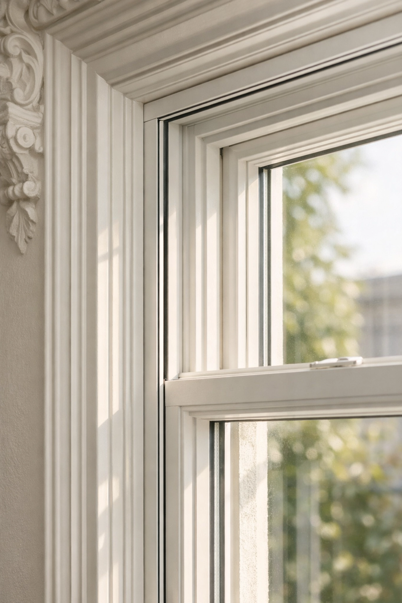 Discreet secondary glazing installed on a white timber sash window in a heritage London property