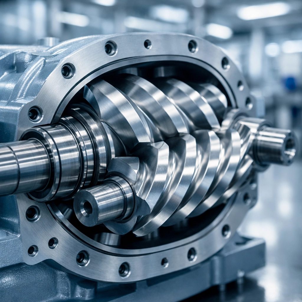 Precision-engineered screw air compressor rotors showing the tight clearances needed for long-term efficiency.