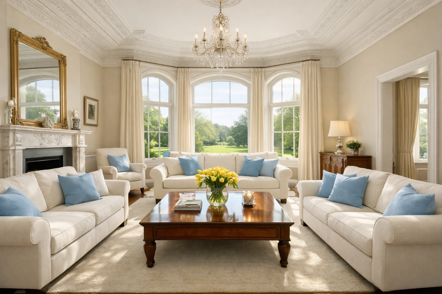 Sun-drenched historic Winchester living room featuring impeccably cleaned white furniture and high ceilings.