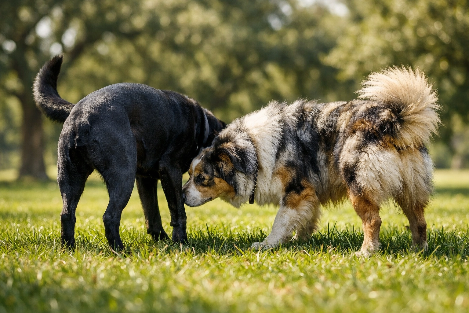 Two dogs meeting in an Atlanta park to establish social hierarchy through natural sniffing and communication.