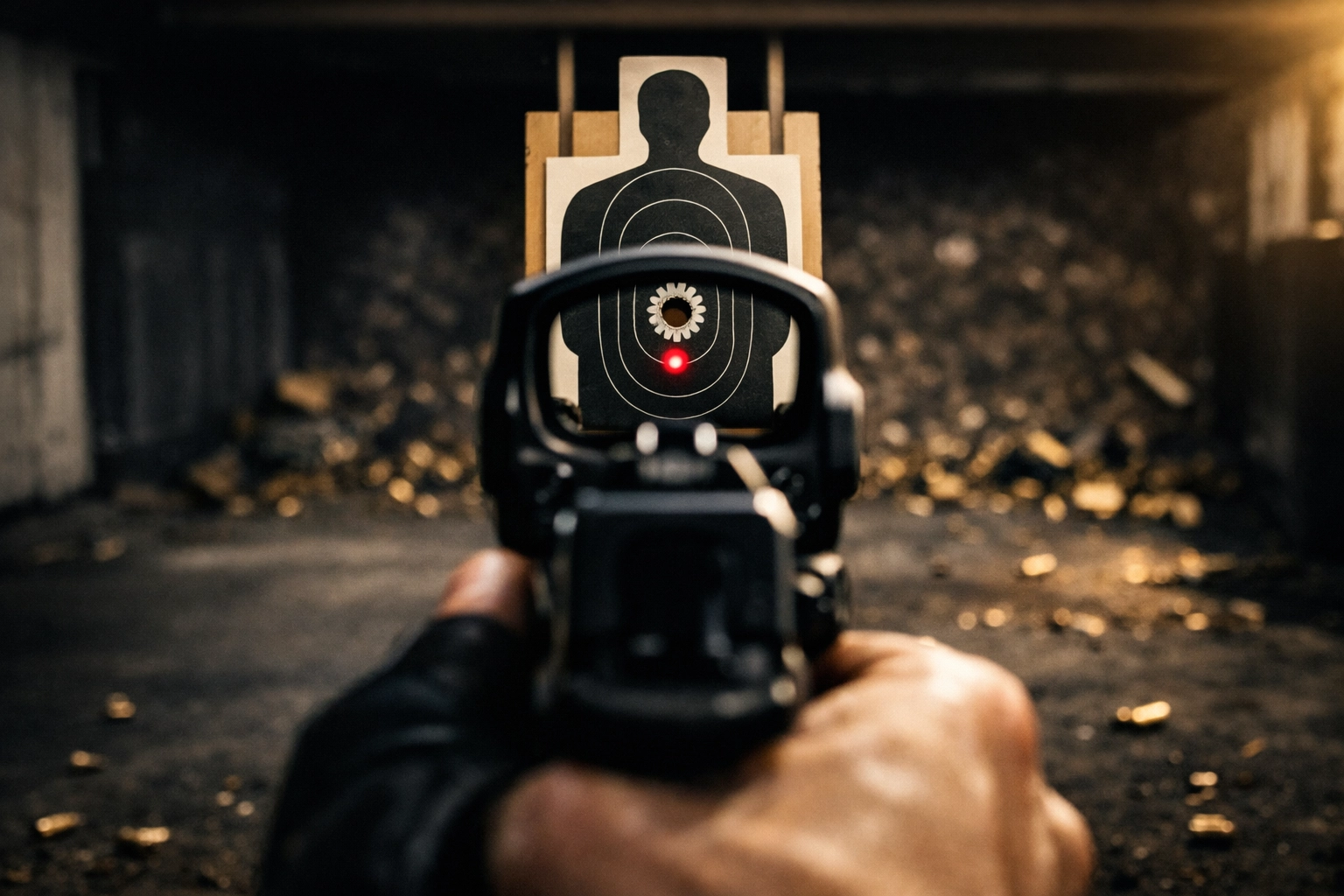 First-person view through handgun sights maintaining sight picture