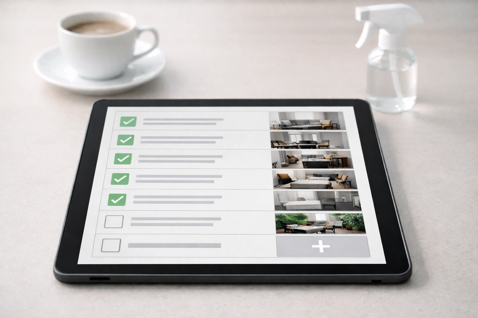 Digital cleaning checklist with photo updates on tablet for property management quality control