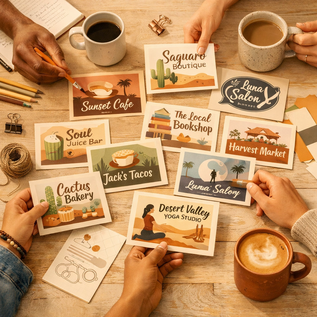 Local business owners collaborating on community postcard designs around table