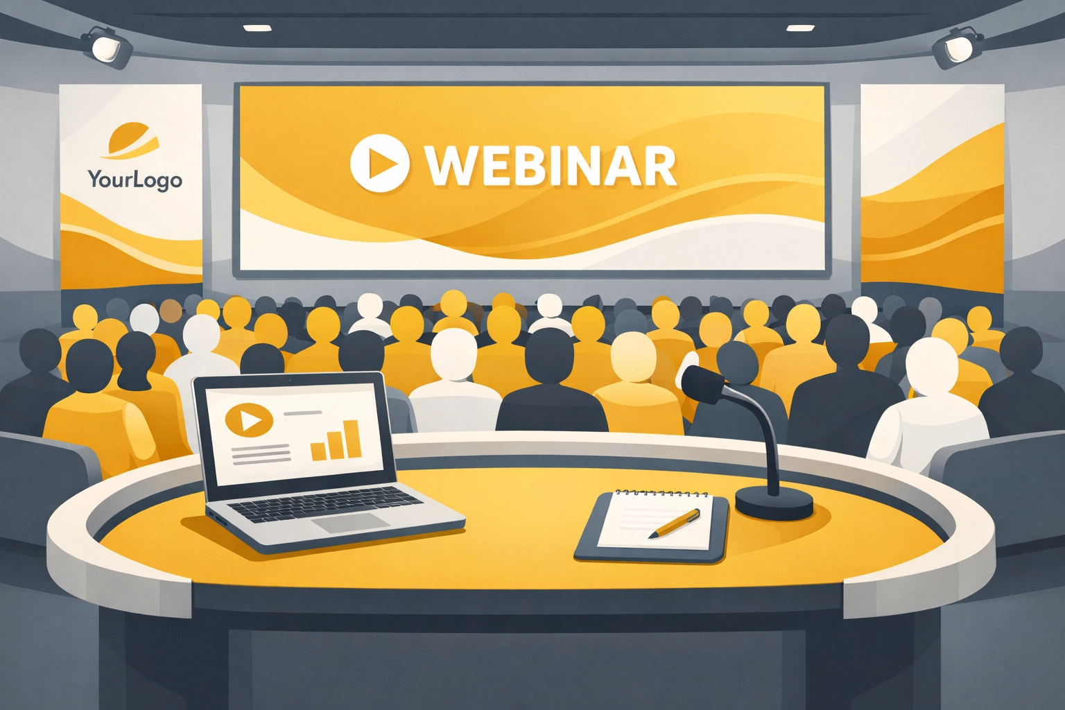 Branded webinar presentation environment from presenter perspective with audience