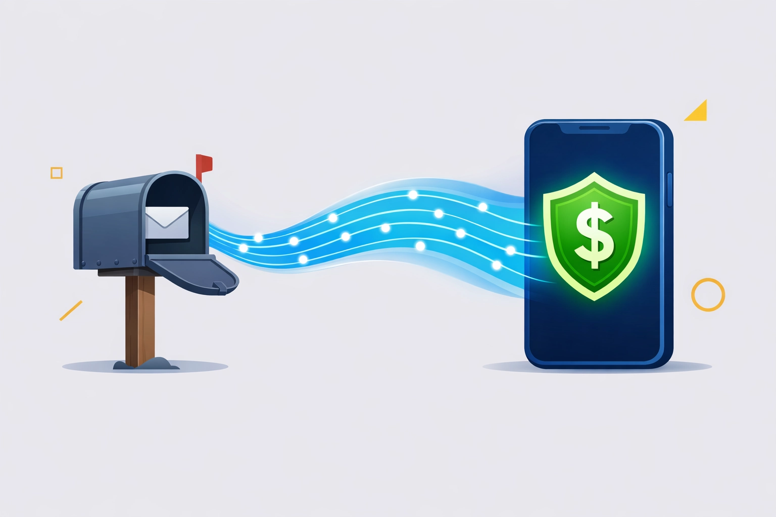Illustration of a mailbox transitioning to a secure smartphone for fast direct deposit tax refunds.