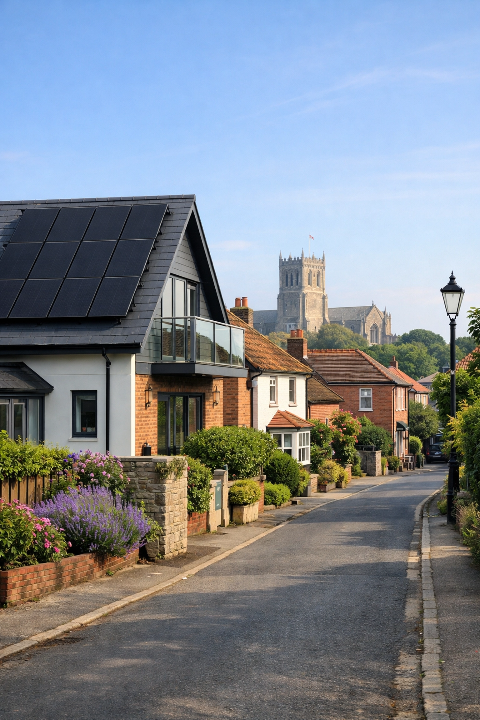 Sleek solar panels on a Christchurch Dorset home with the historic Priory in the background.