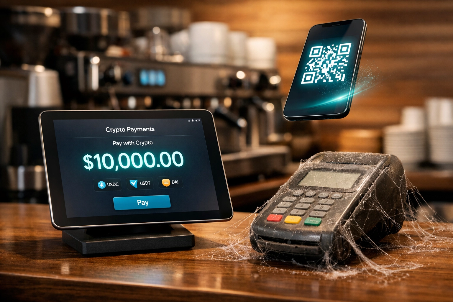Modern crypto POS terminal displaying stablecoin balance next to obsolete credit card payment processor