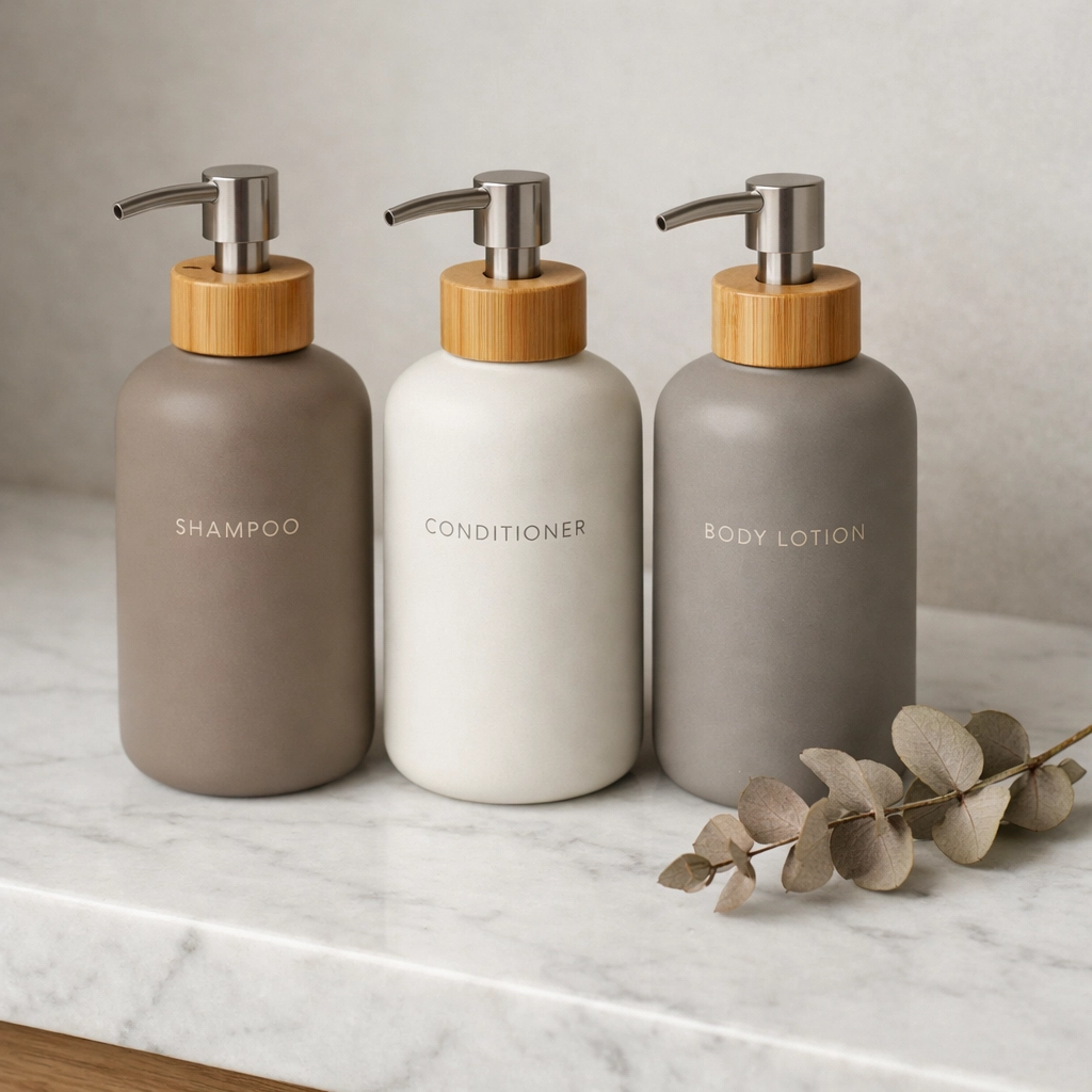 Luxury ceramic refillable amenity bottles on a marble vanity, a major hospitality trend for 2026.