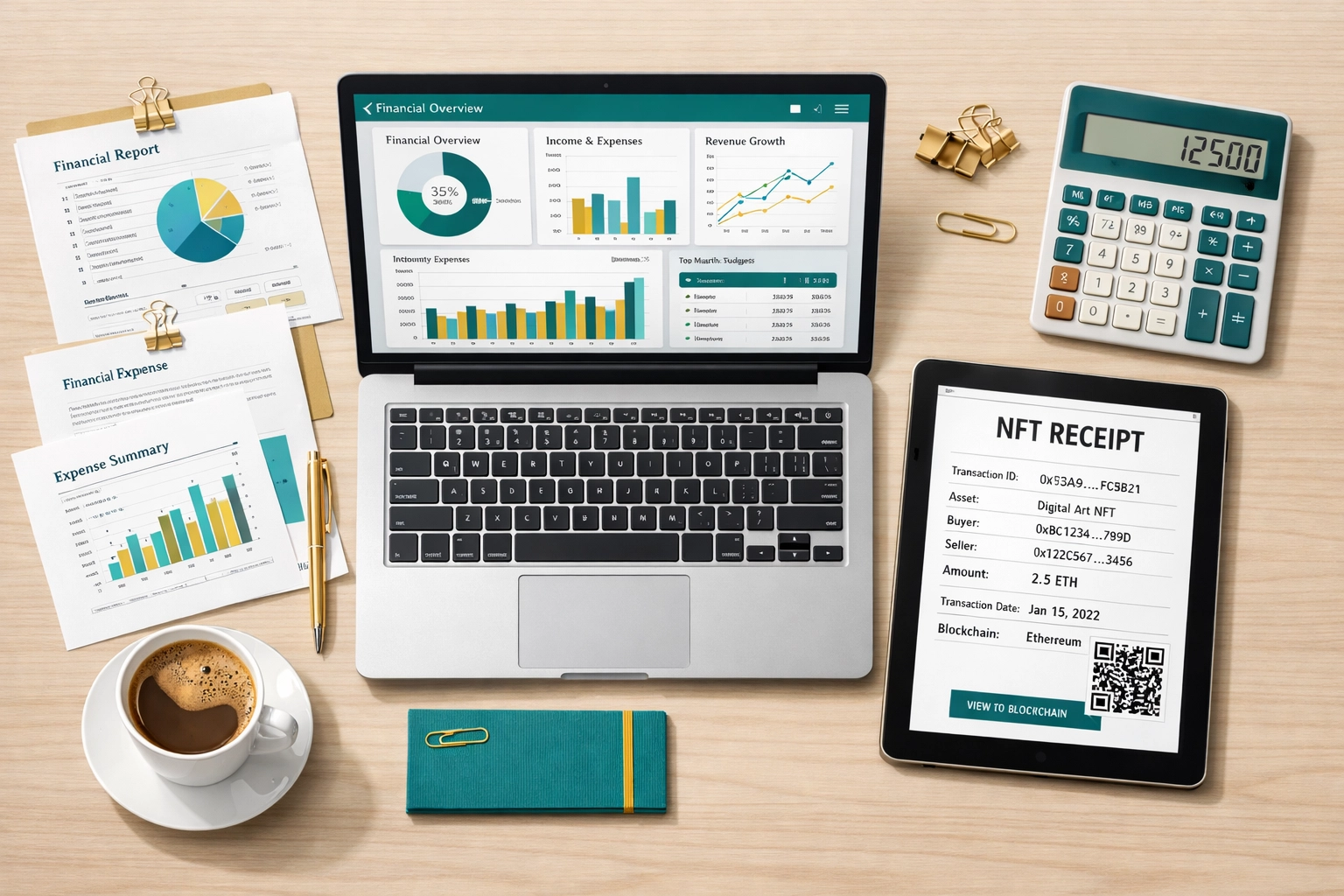 Organized crypto merchant accounting desk with NFT receipt and financial dashboard