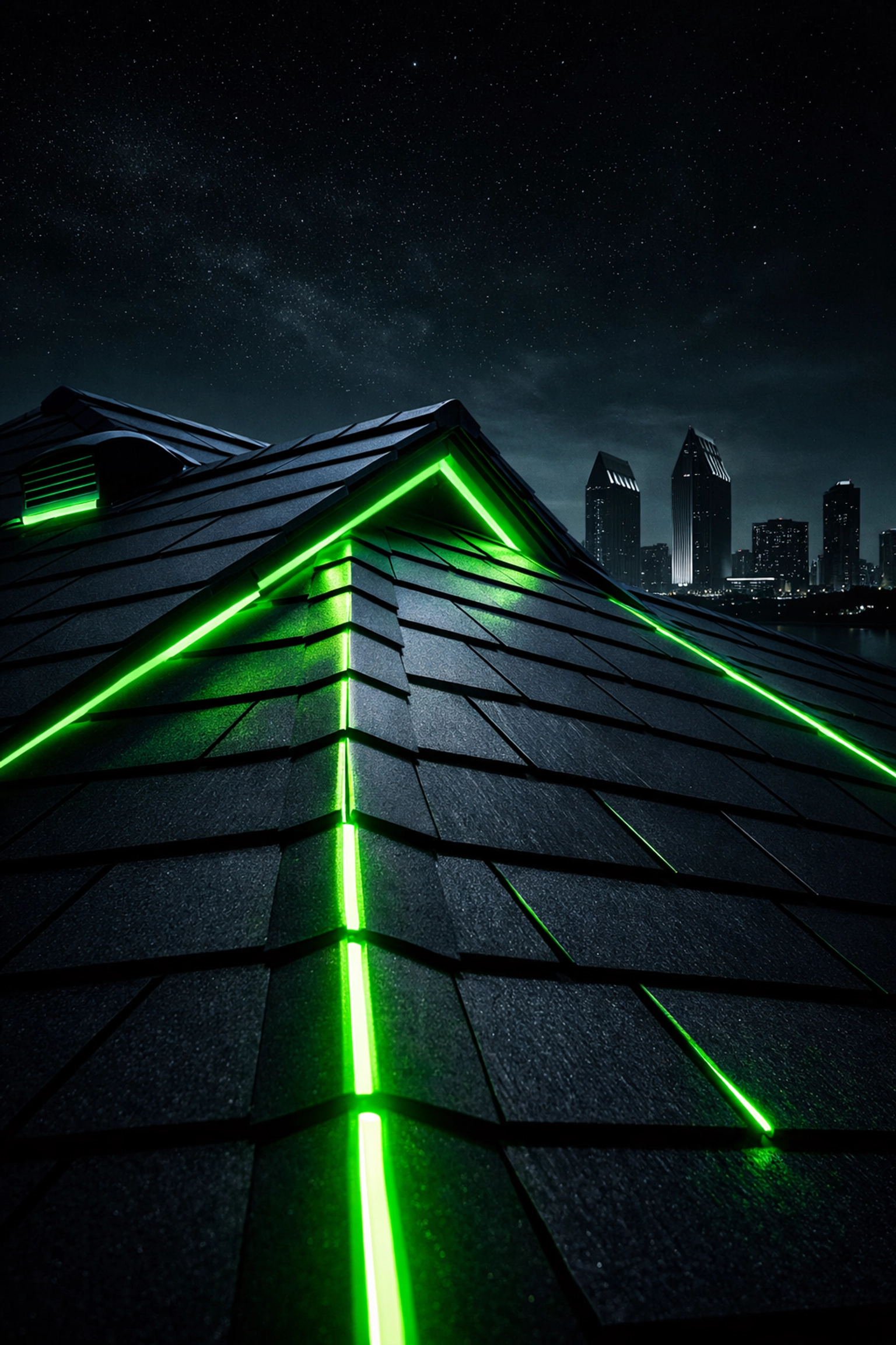 Modern San Diego rooftop with neon accents for premium roofing services directory SEO placement.