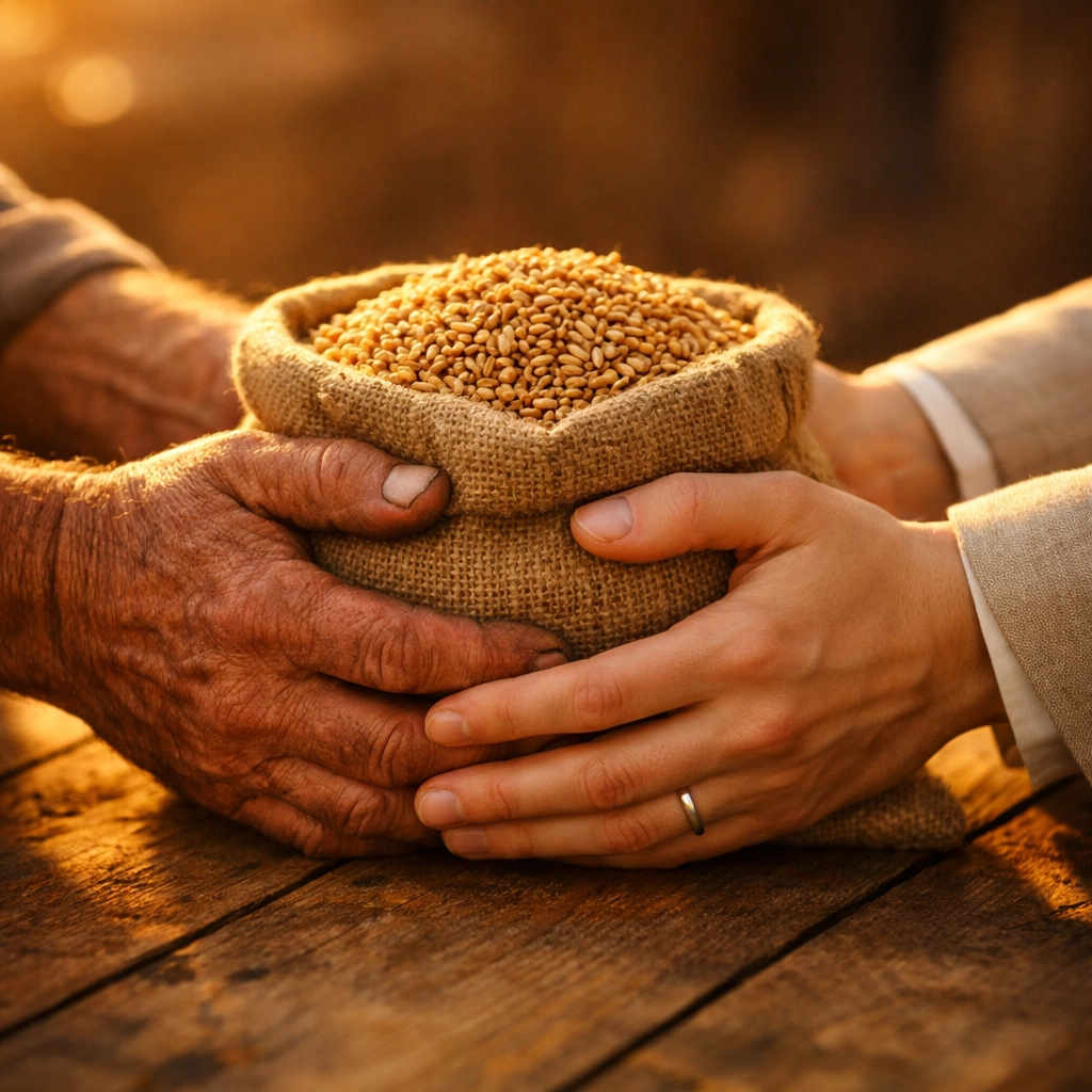 Farmer and executive building supply chain relationships while holding a sack of grain.