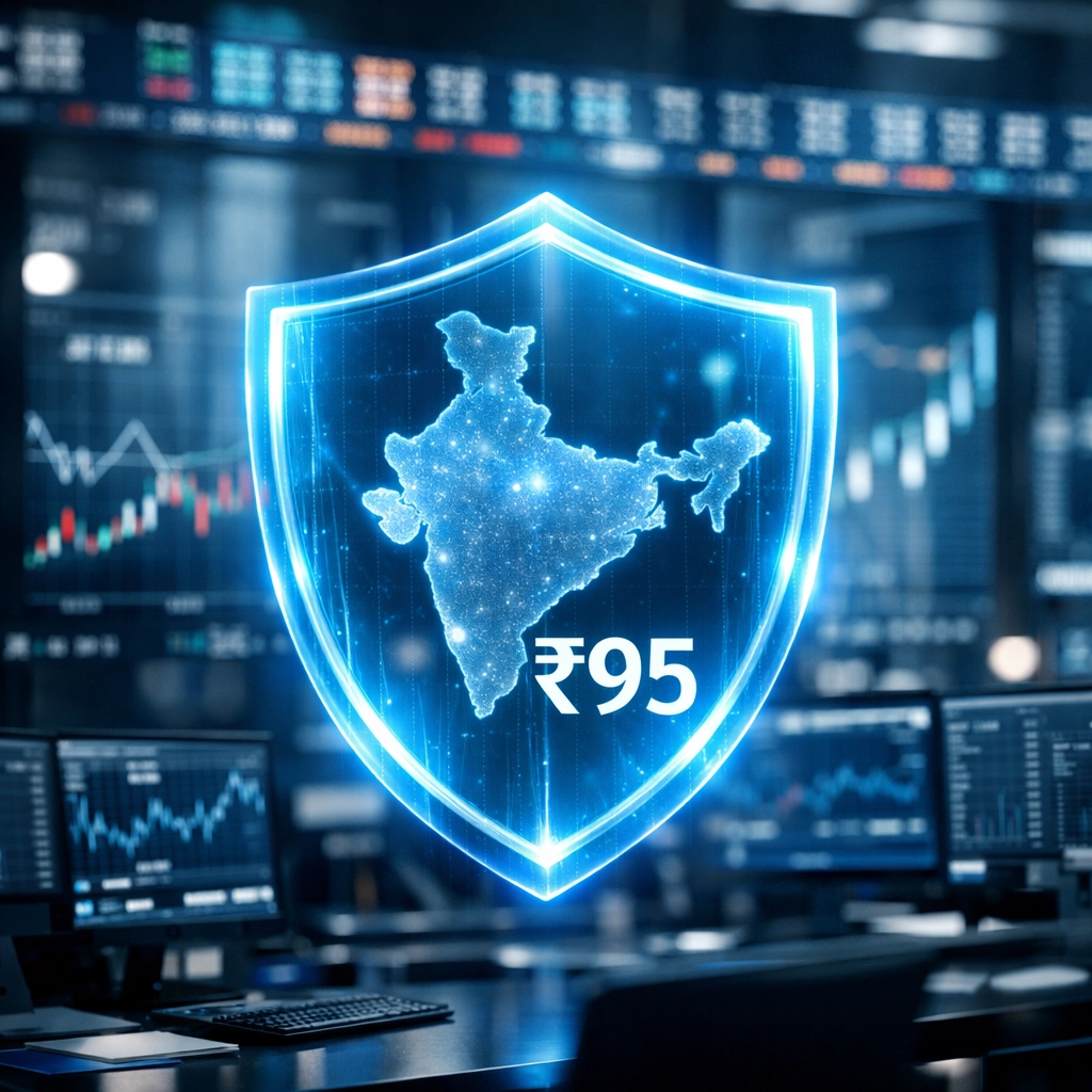 A digital shield protecting India's map representing RBI intervention to stabilize the Indian economy.