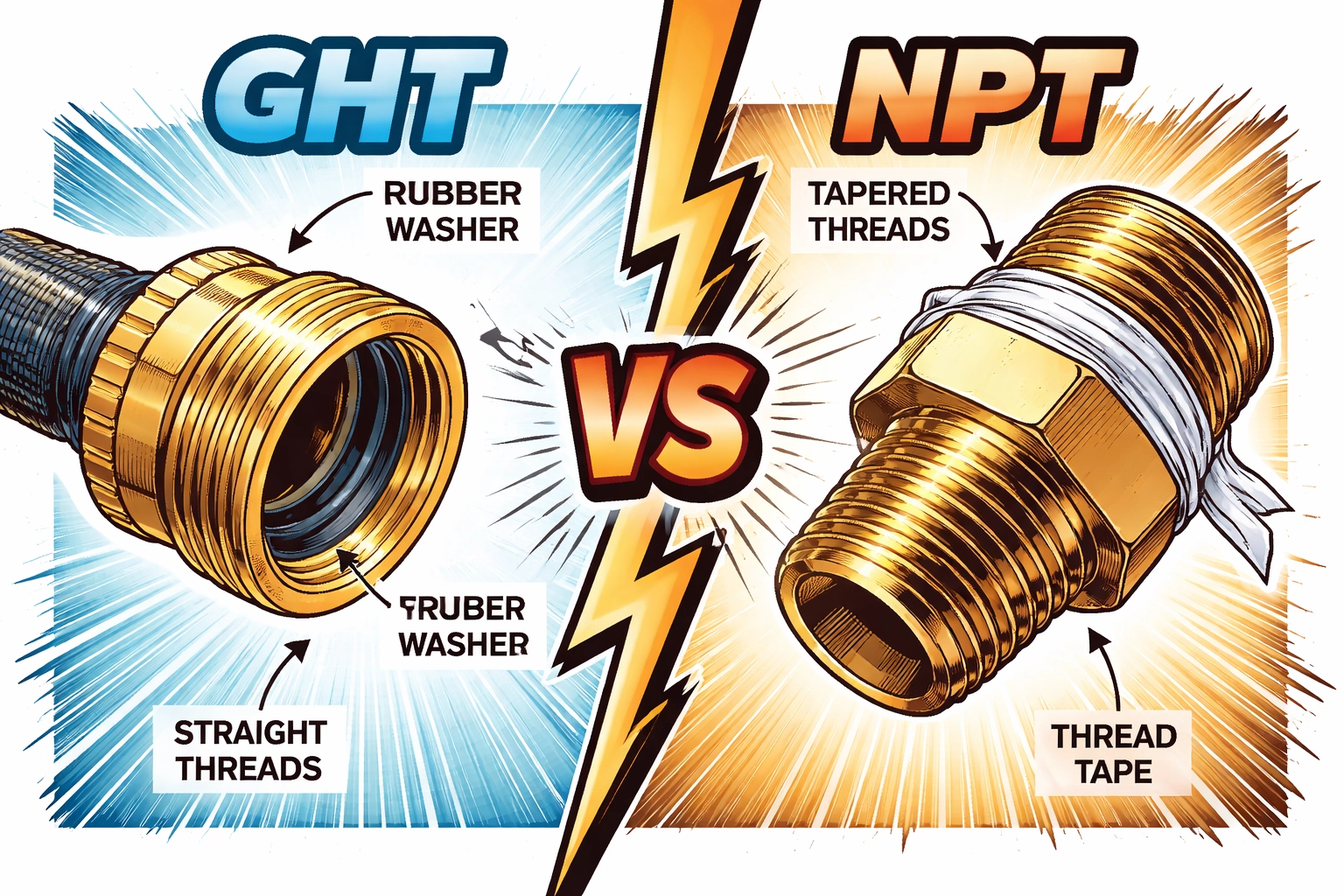 Technical diagram comparing GHT vs NPT threads to explain proper adapter selection for leak-free RV plumbing