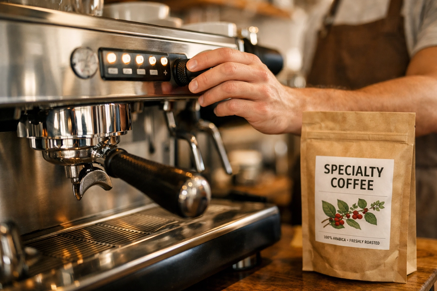 Barista adjusting espresso machine settings with specialty coffee beans for optimal extraction