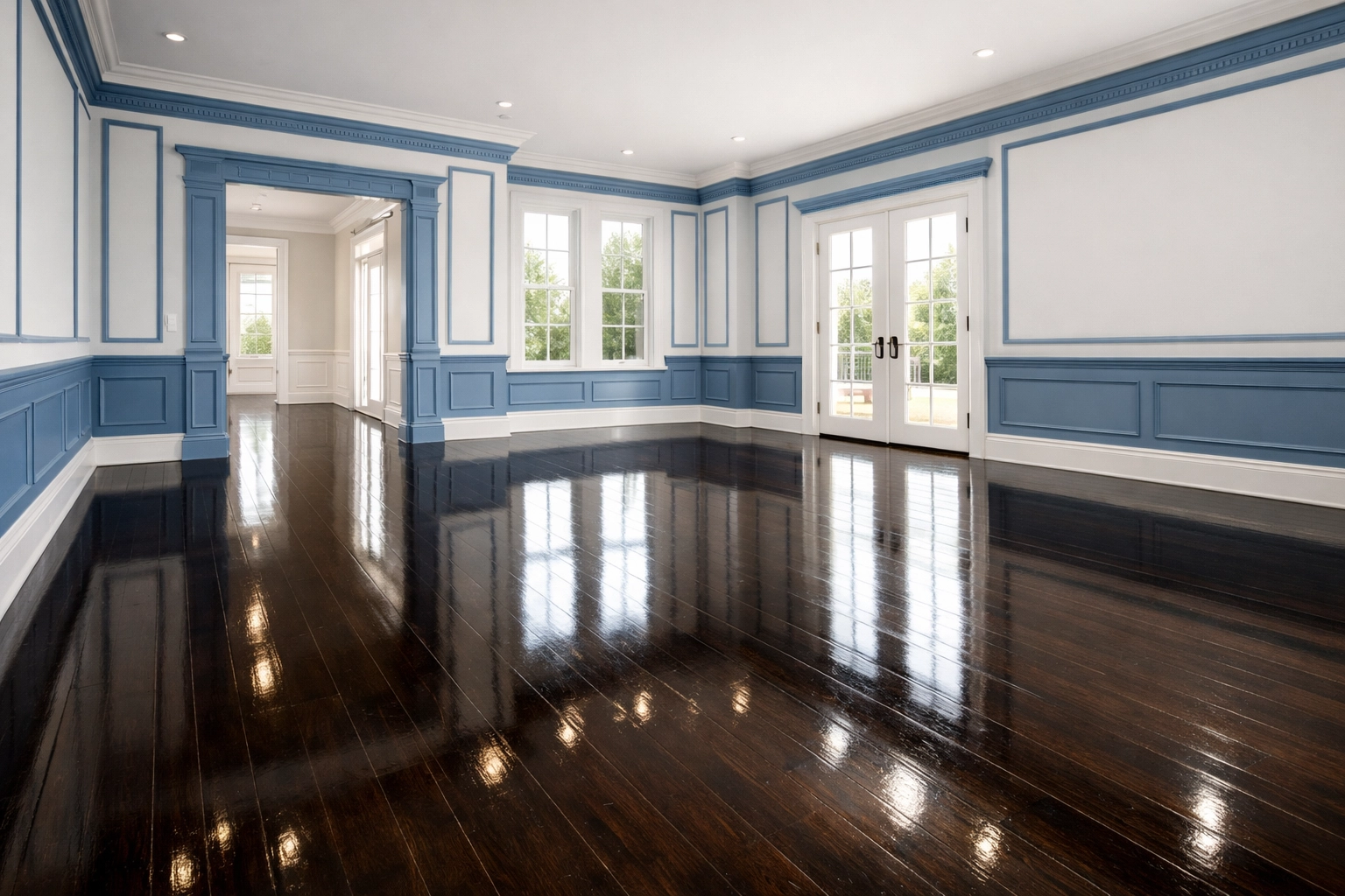 Sparkling move-in move-out cleaning Lowell service for an empty luxury home with polished wood floors.