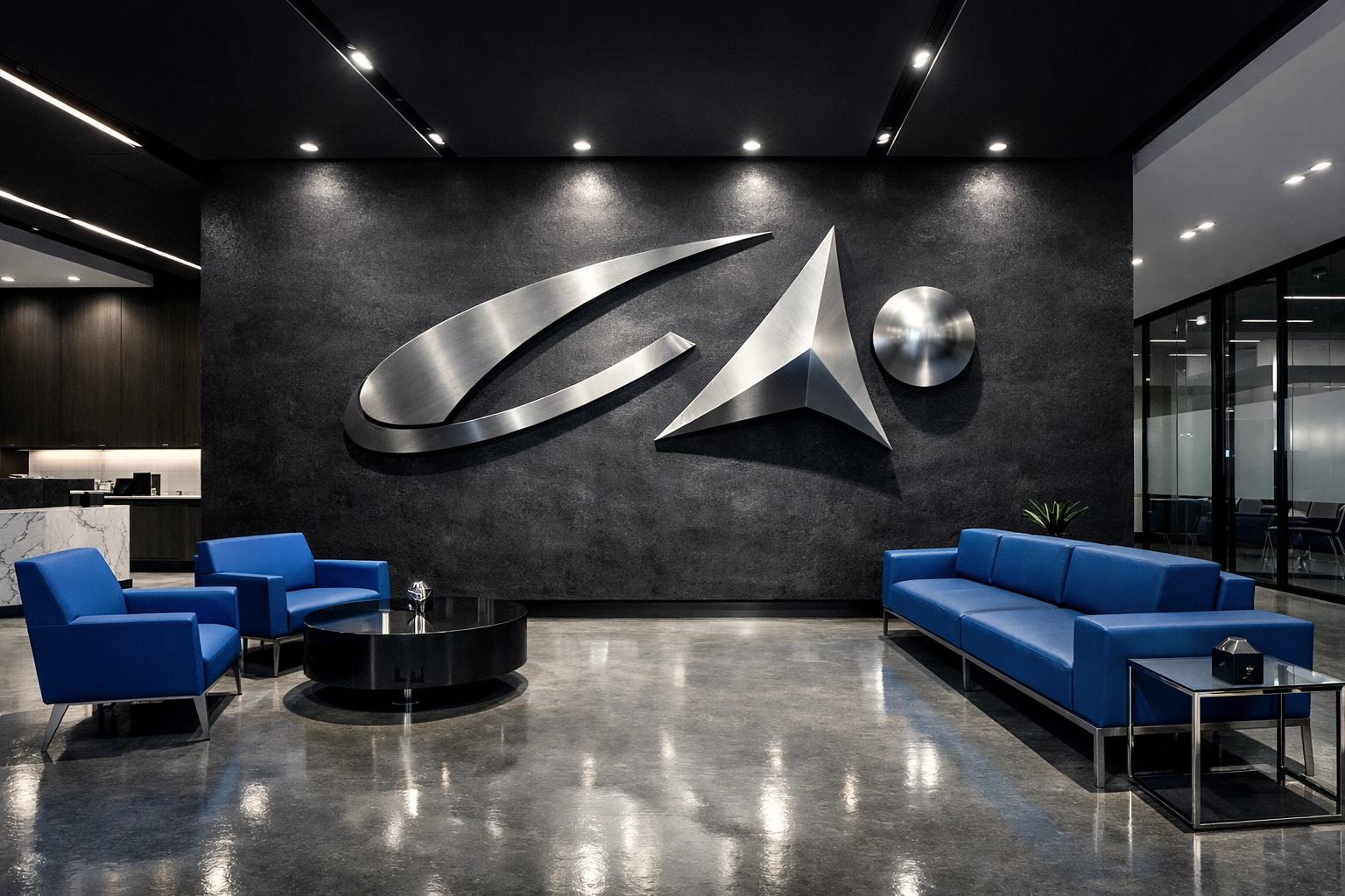 Sleek office interior with custom dimensional wall signs for professional corporate branding in Troy.