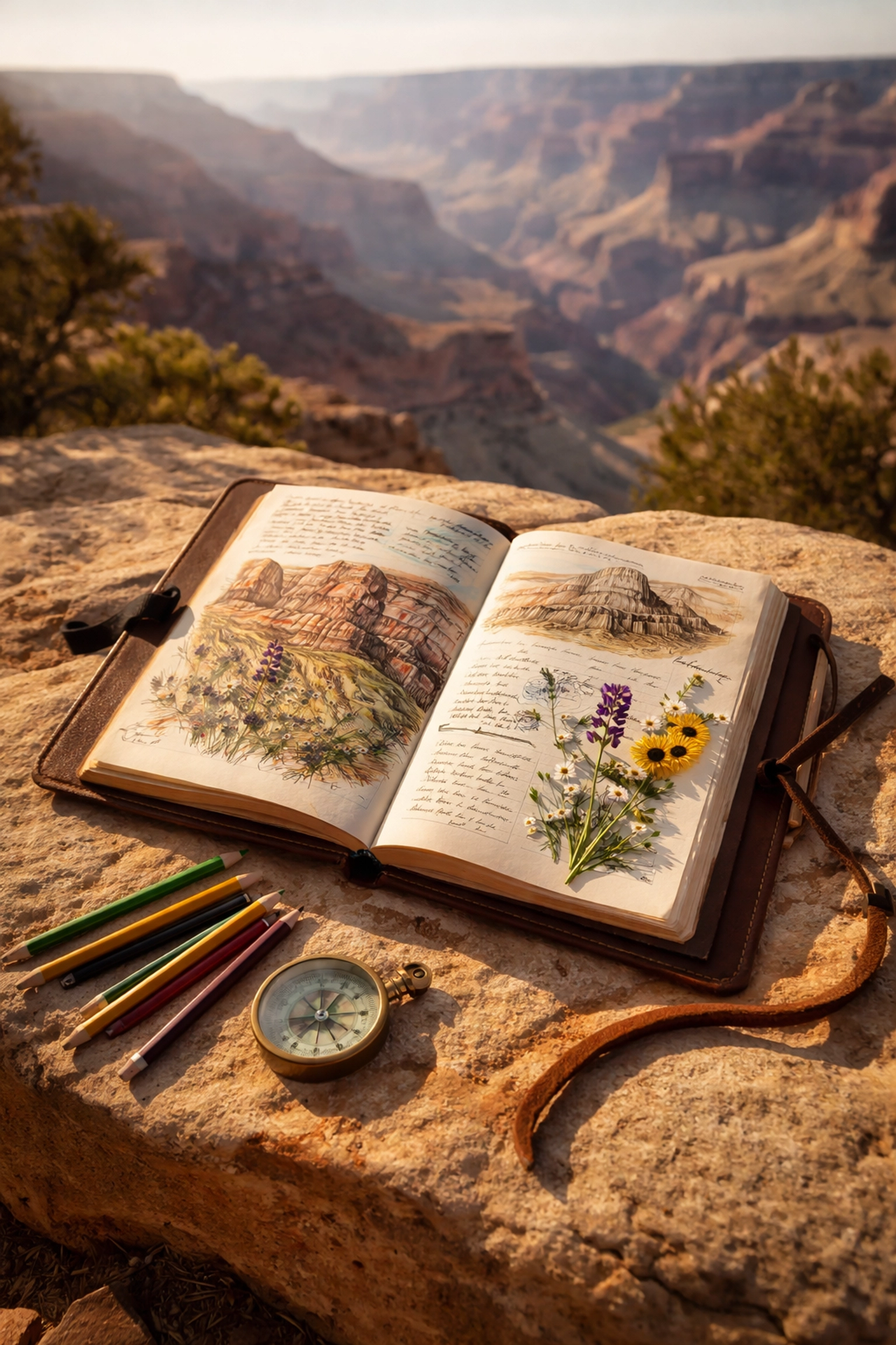 Open field journal with Grand Canyon sketches and notes, representing experiential learning and scientific observation.