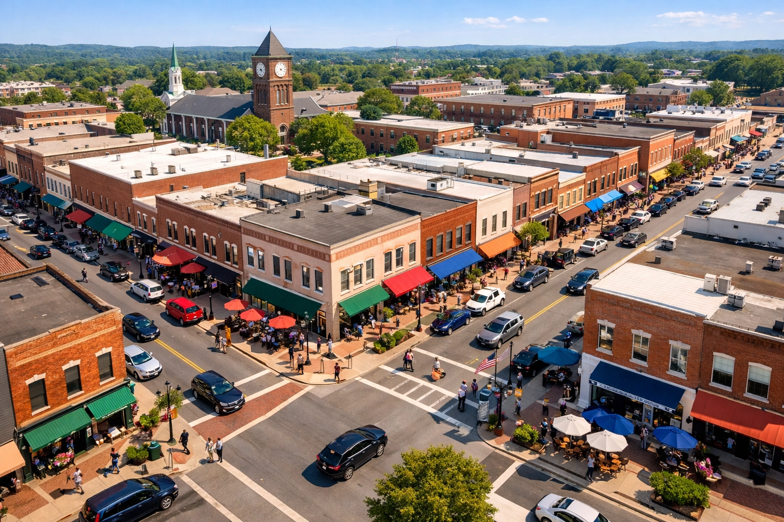 Downtown Cleveland Tennessee small business district aerial view