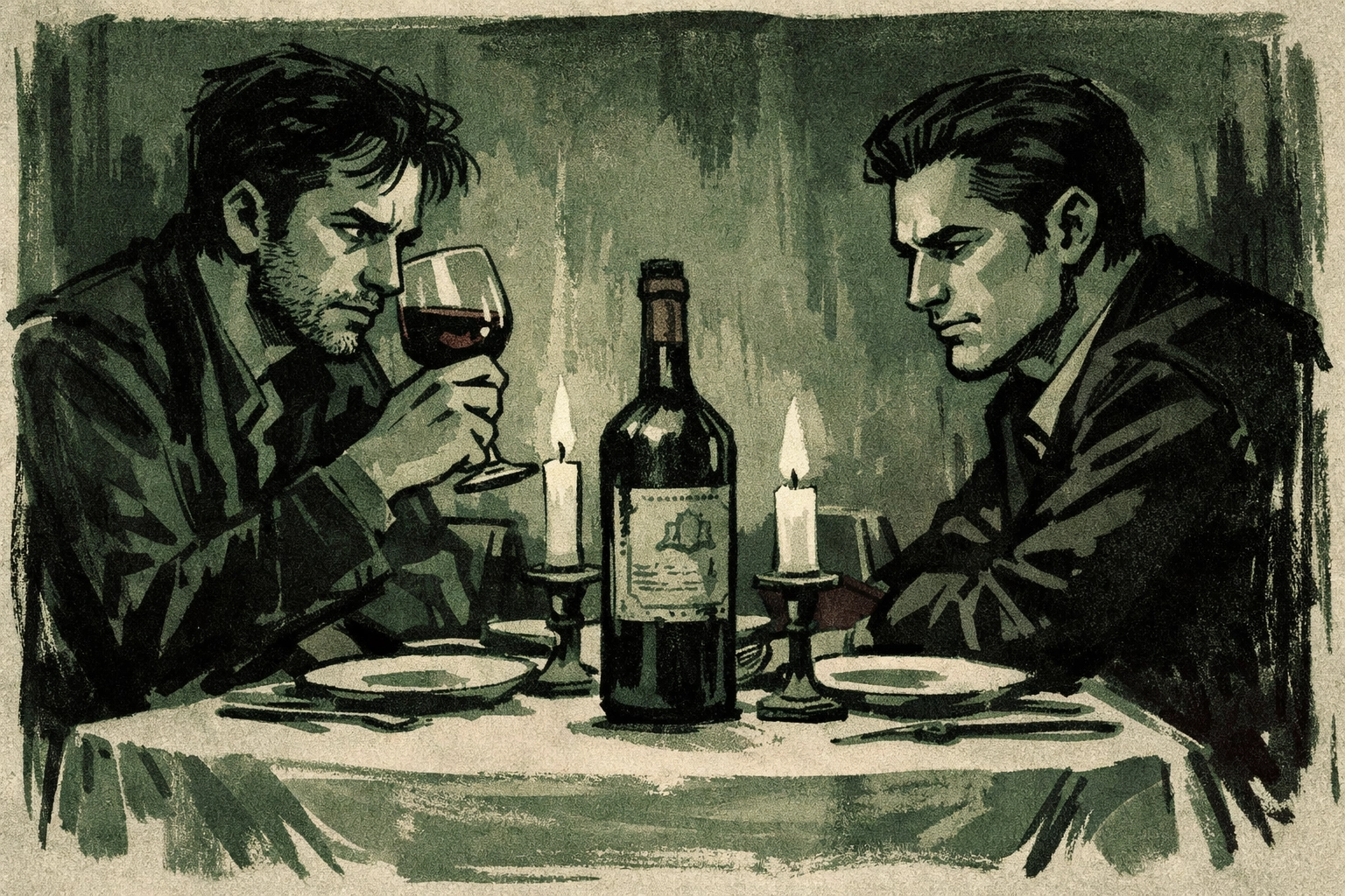 Two men at tense candlelit dinner with vintage wine bottle in MM psychological thriller scene