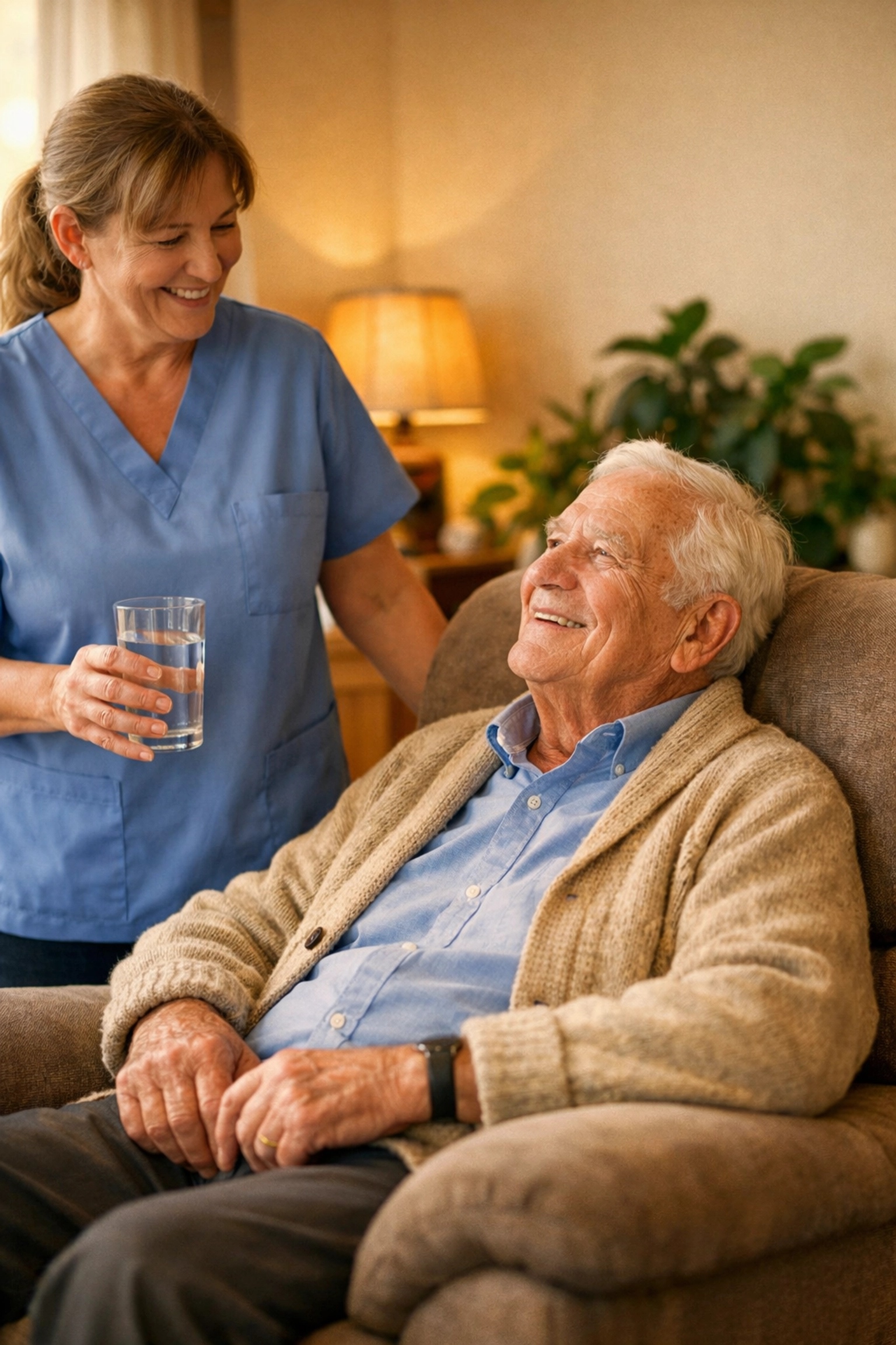 Senior resting in armchair after fall with caregiver providing water and monitoring