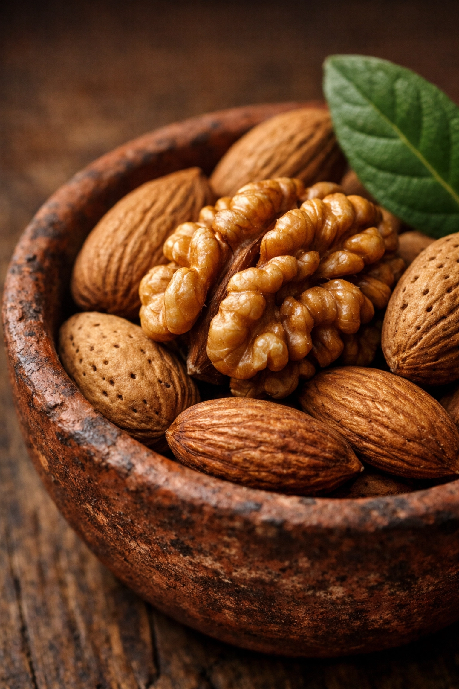 Macro view of premium walnuts and almonds, rich in Vitamin E for healthy summer skin protection.