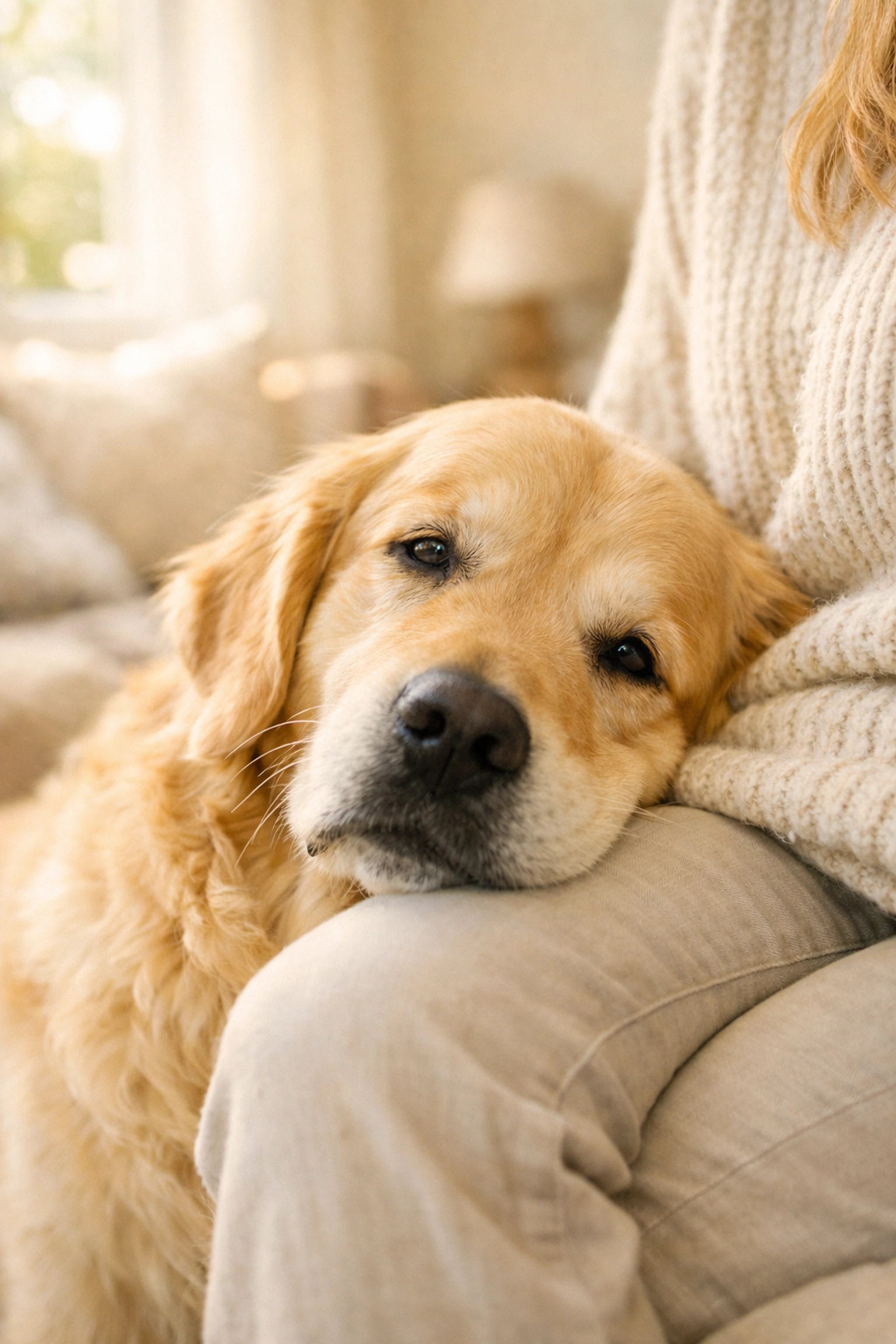 Calm temperament Golden Retriever leaning affectionately against owner in a sunlit living room.