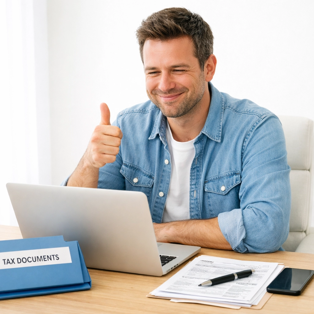 Smiling taxpayer with organized tax documents after successful tax return filing
