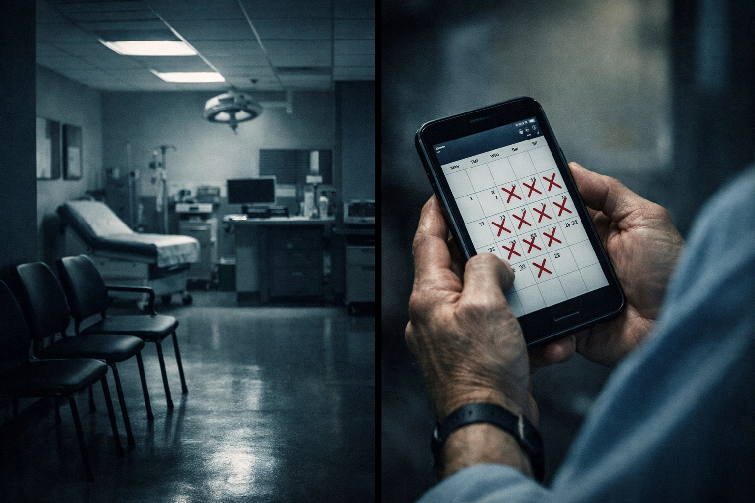 Empty medical office and cancelled appointments showing Medicaid enrollment revenue loss