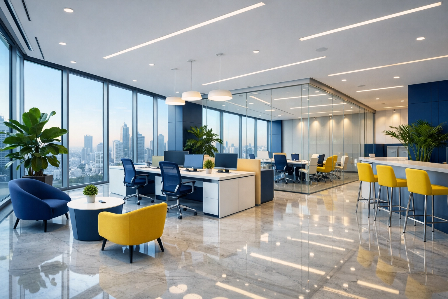 Pristine and sunlit modern office space featuring eco-friendly cleaning and healthy greenery.