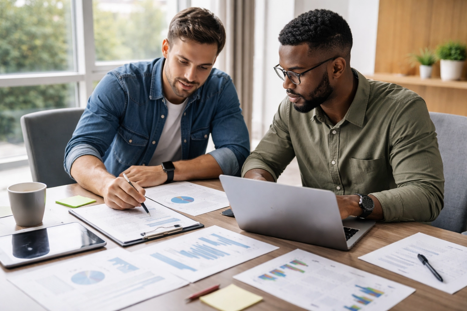 Two IT professionals collaborating over documents, planning best practices for portal deactivation and review.