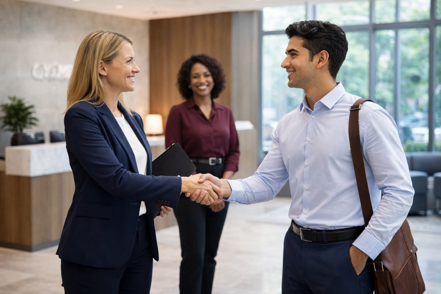 Hiring manager welcoming a new administrative hire near reception with a colleague smiling in the background, emphasizing long-term staffing success.